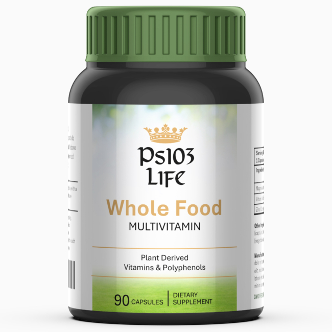 Ps103 Life Whole Food Multivitamin vitamin bottle, 90 capsules, plant derived vitamins & polyphenols